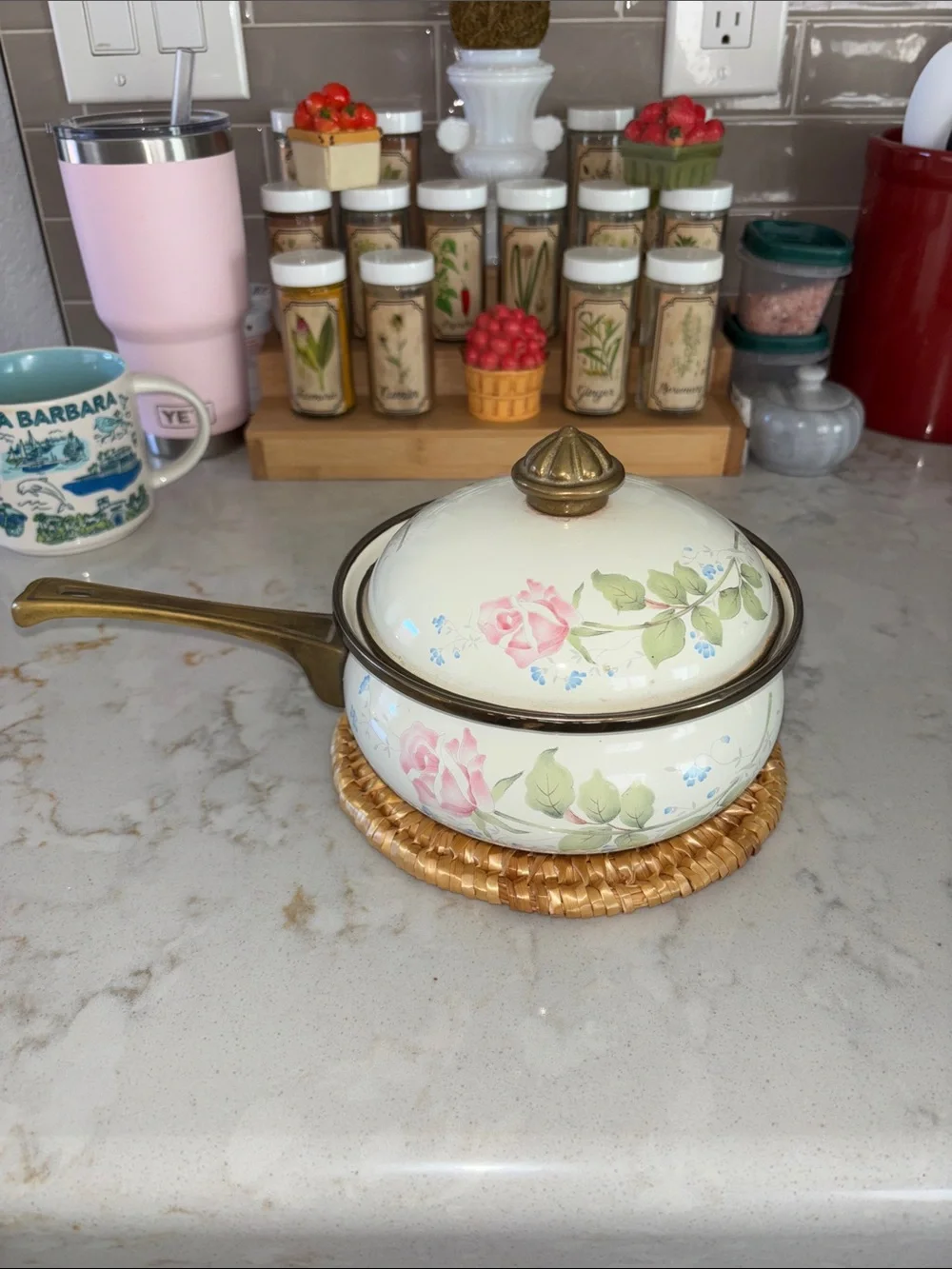 Vintage enameled sauce, pan with brass, finishing, and beautiful chintz pattern